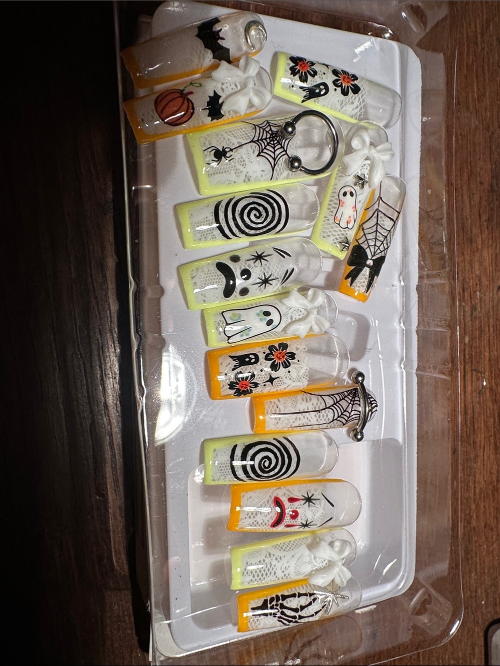 Halloween Ghost & Spider False Nail Set - Yellow Orange Accent